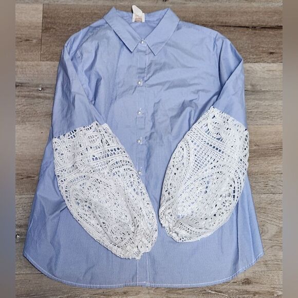 CHICO'S Lace Sleeve Blue Striped Button Up Shirt Size 3/XL - Picture 4 of 8